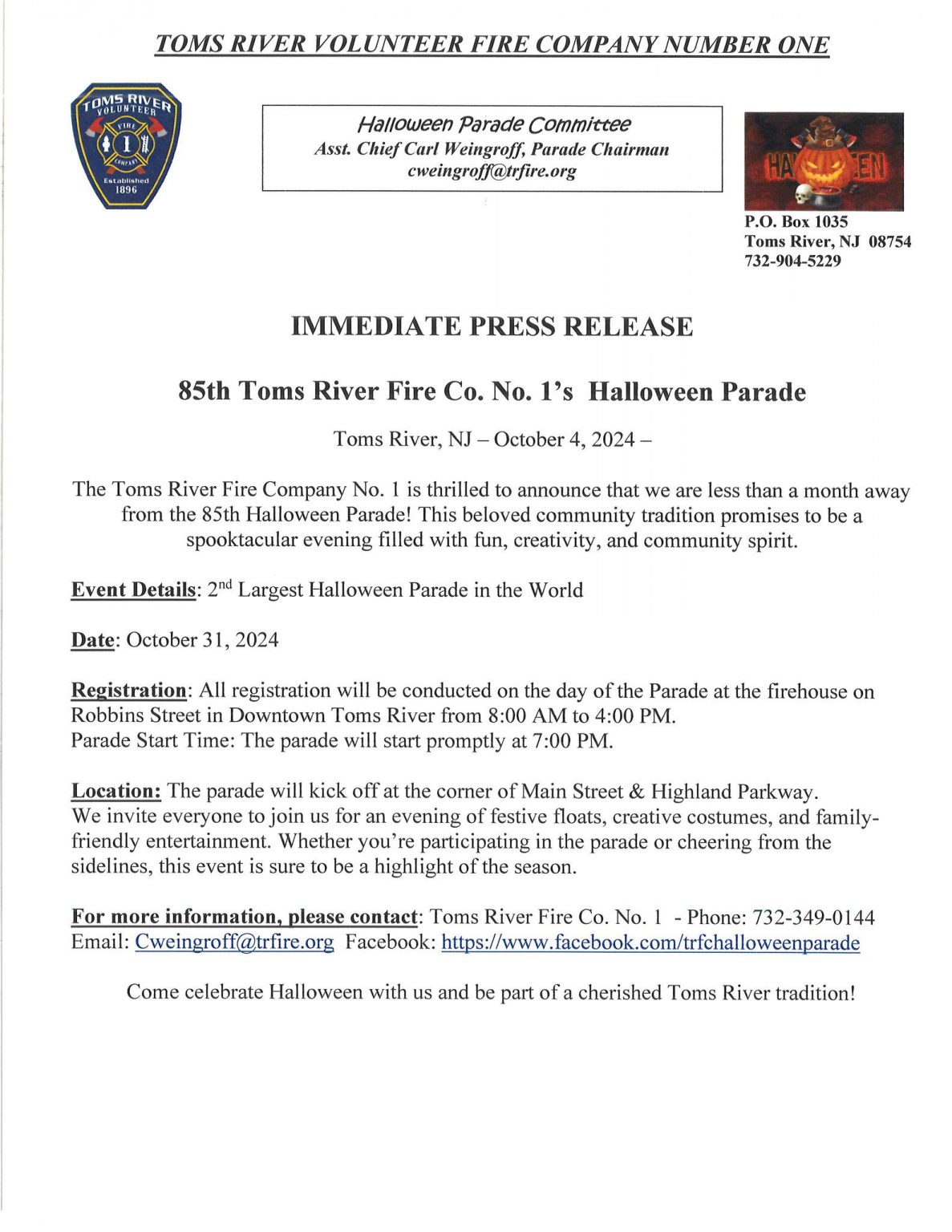 85th Annual Toms River Fire Company 1 Halloween Parade is back