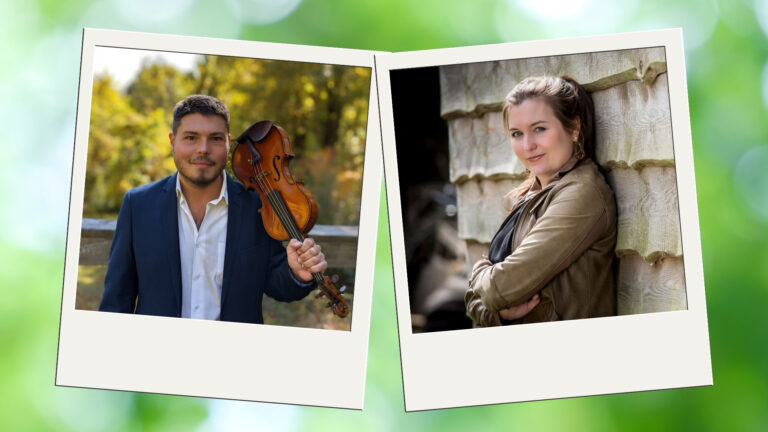 photo of man holding violin & woman