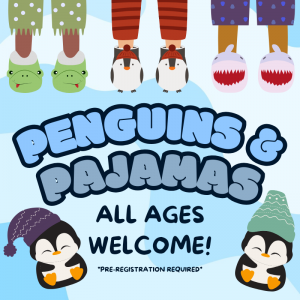 graphic of children's feet in animal slippers and two penguins in winter hats 