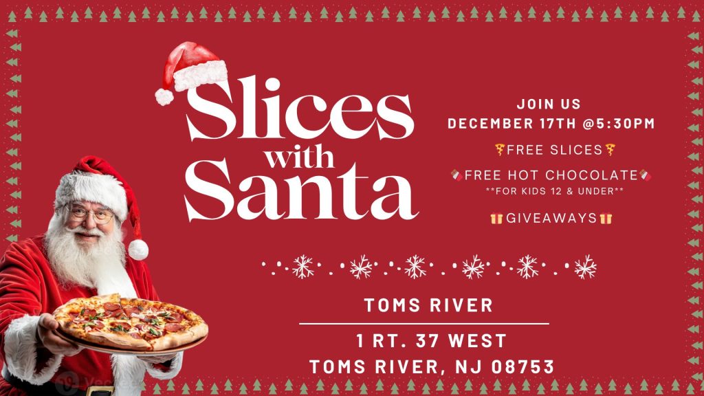 Santa Claus holding a pizza