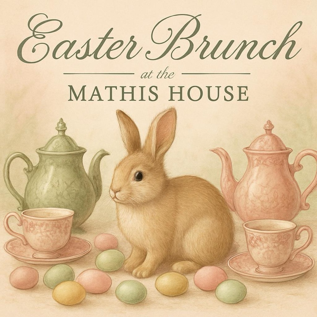 bunny sitting by tea pots and easter eggs