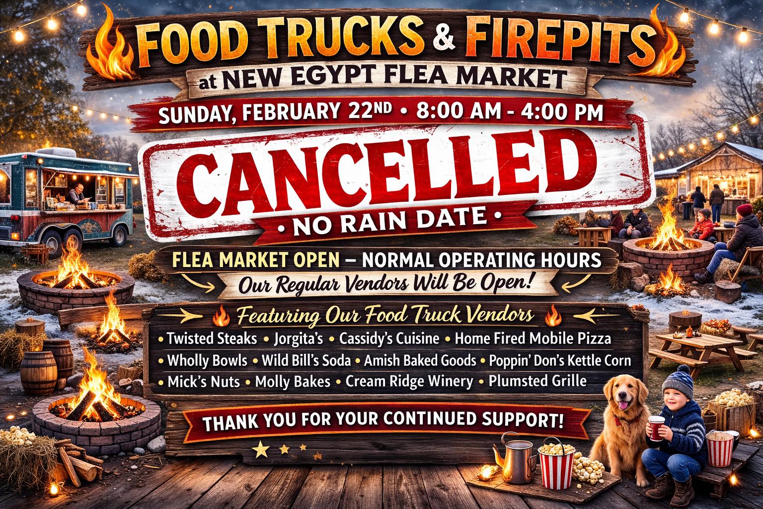food trucks & firepits cancellation flyer with dog
