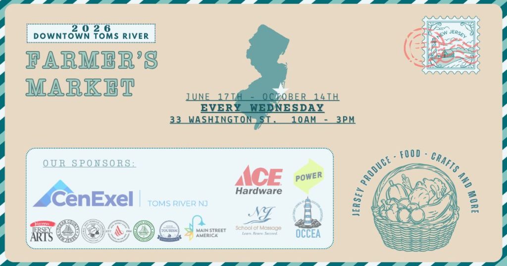 Downtown Toms River Farmers Market Flyer with template as a postcard, graphic of a basket of fruits and vegetables, a stamp and the state of New Jersey 