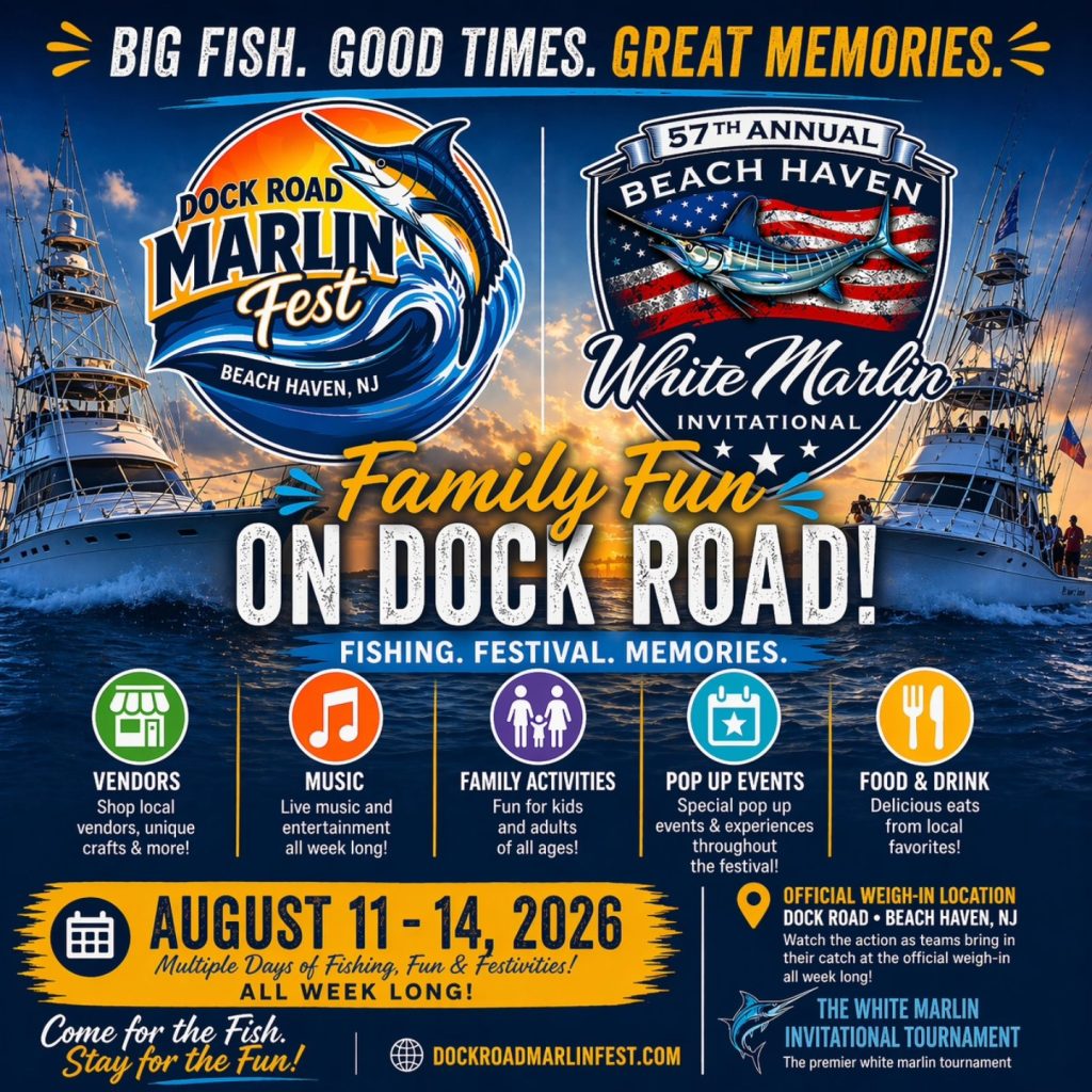Dock Road Marlin Fest Flyer with fishing boats in the ocean as the background 