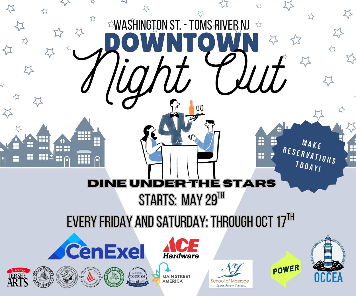 graphic of two people eating a table for downtown night out flyer