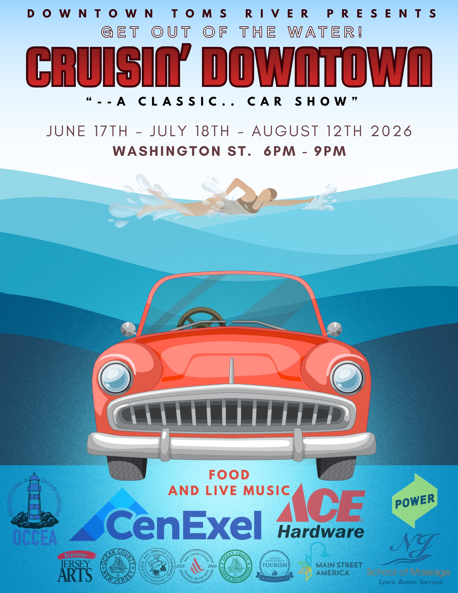 classic car in the water with a person swimming above it