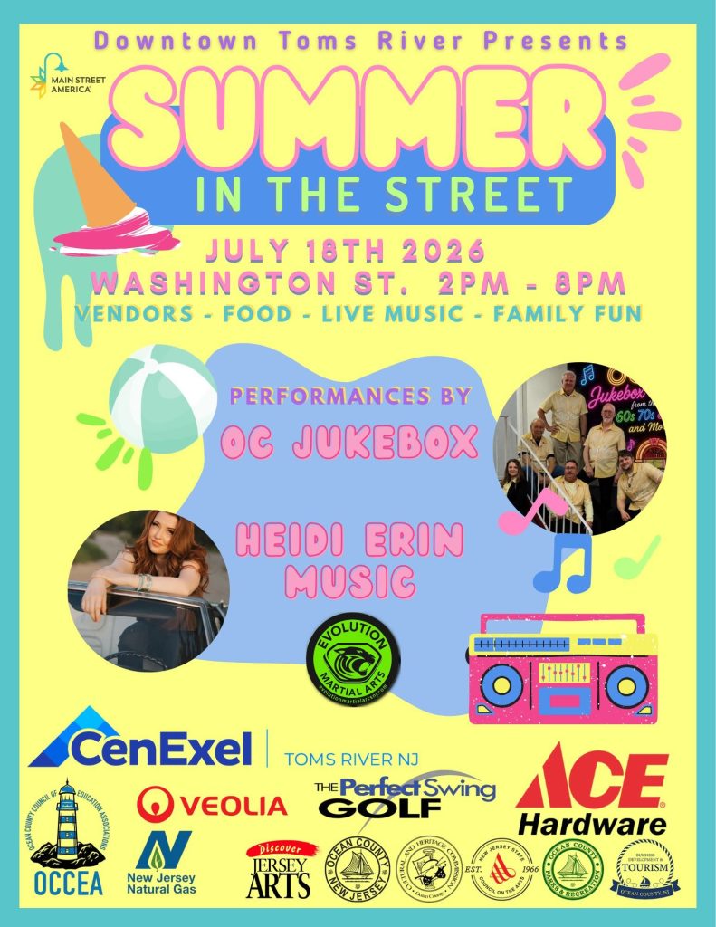 summer in the street flyer on a yellow background and blue border. Musical notes, a beach ball and a knocked over ice cream cone
