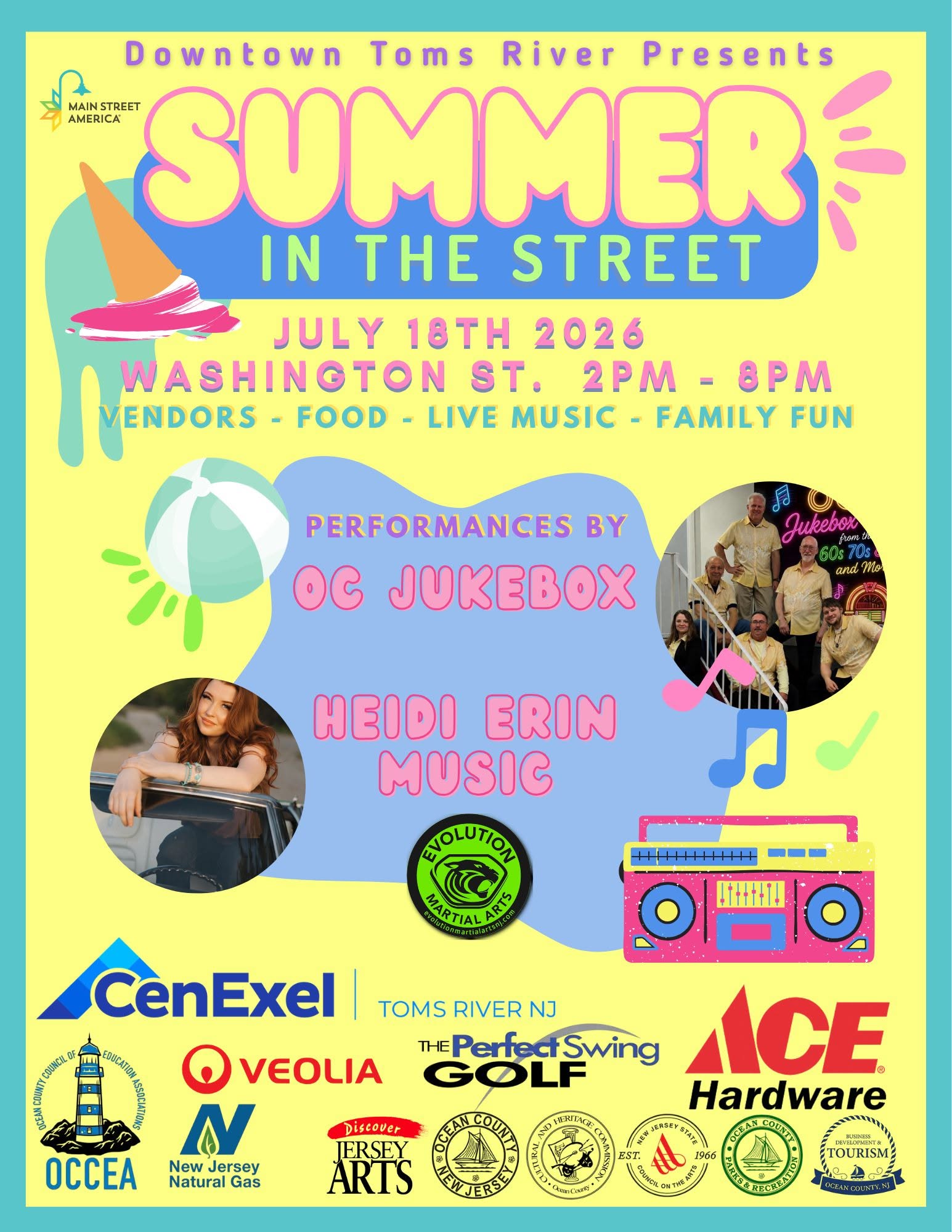 summer in the street flyer on a yellow background and blue border. Musical notes, a beach ball and a knocked over ice cream cone