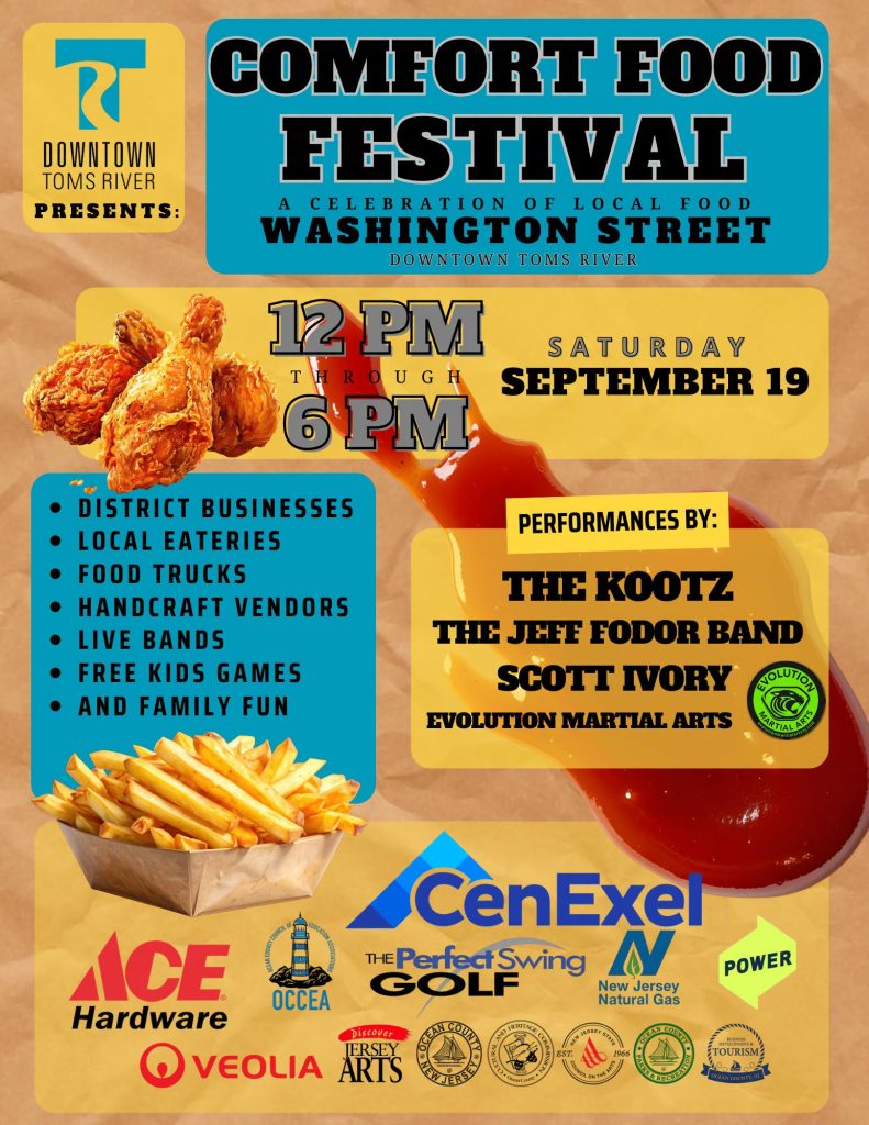 comfort food festival flyer with a photo of chicken wings and fries in a paper basket. Ketchup in the background