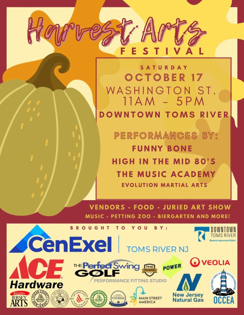harvest arts festival flyer with a green colored pumpkin on a red, orange, and yellow background