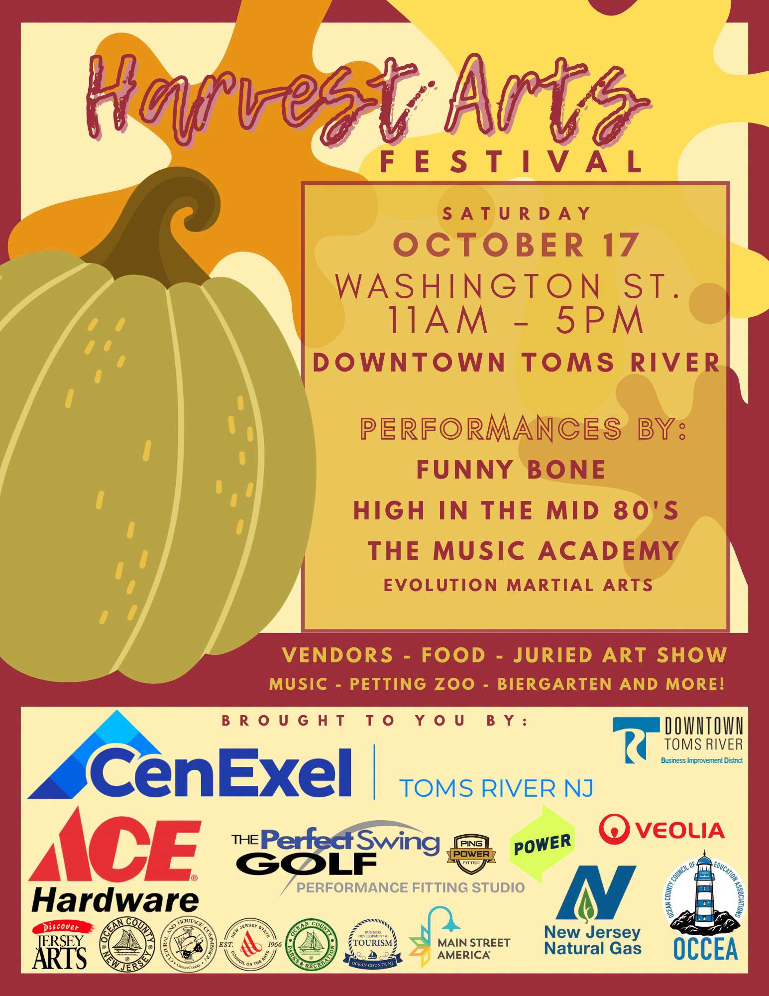 harvest arts festival flyer with a green colored pumpkin on a red, orange, and yellow background