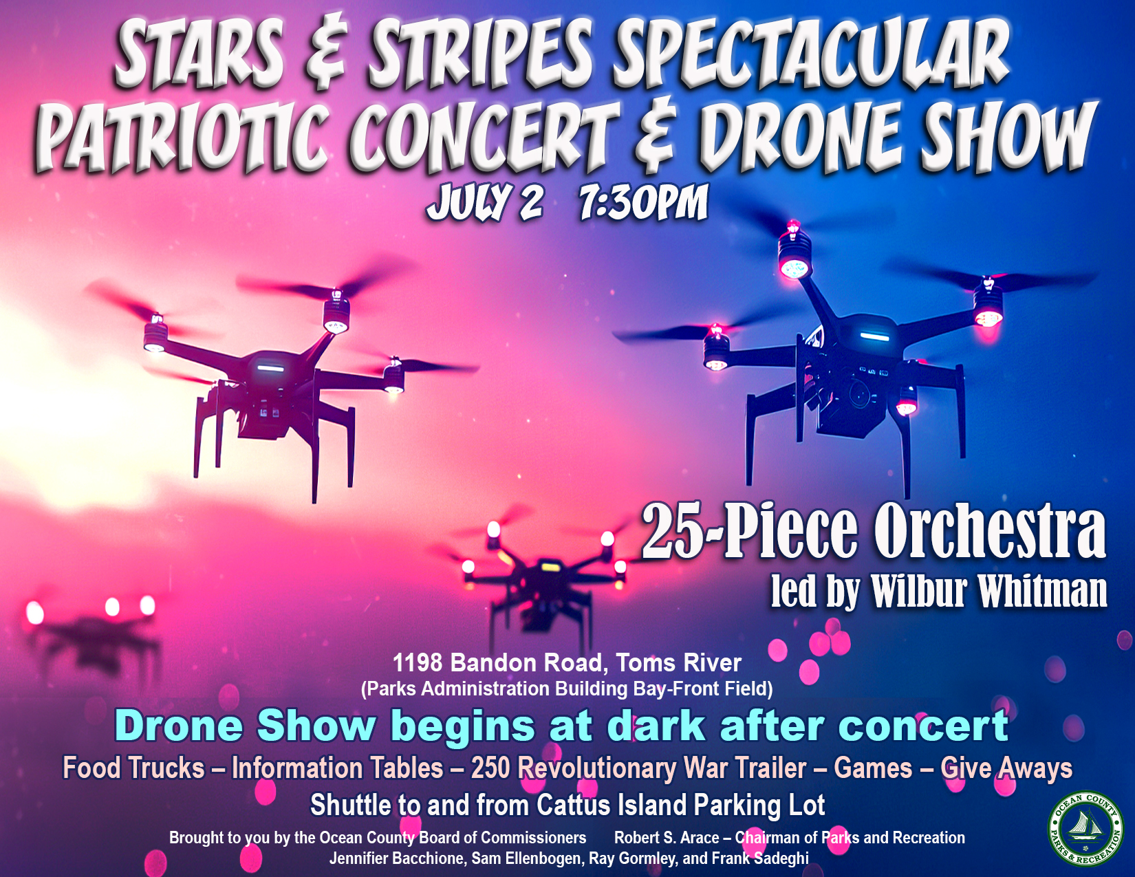 Stars & Stripes Spectacular drone show and concert flyer with drones flying throughout the sky with a pink light