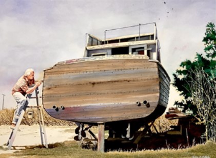 painting of person painting a boat