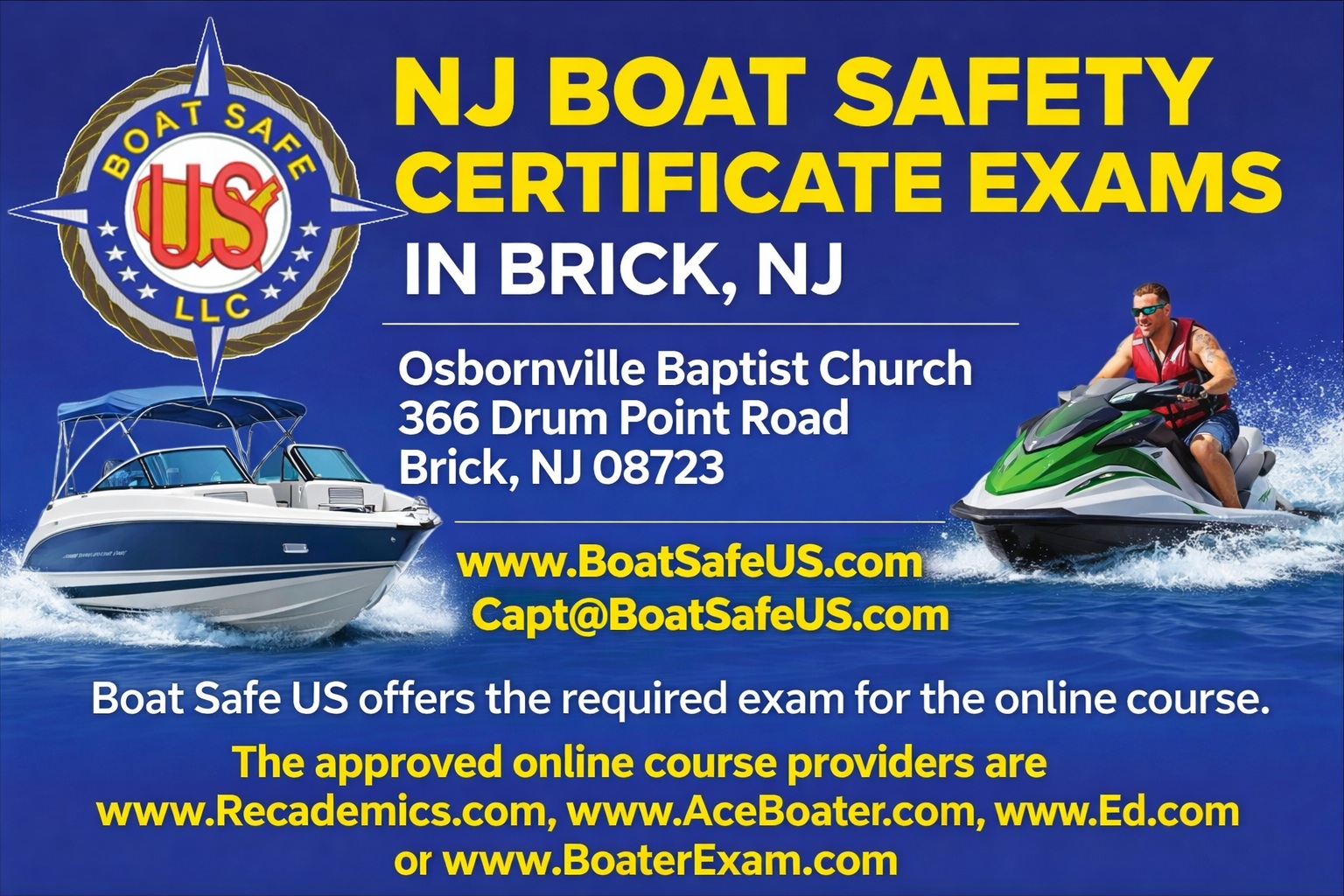 NJ Boat Safety Exam Flyer with boat and jet ski in water