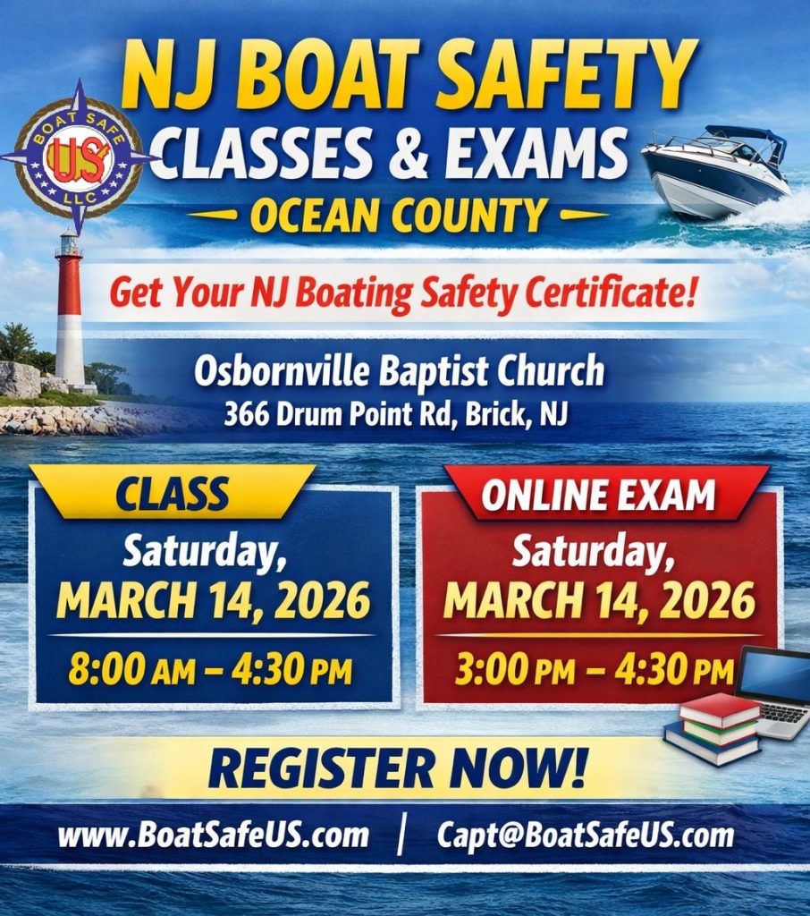 NJ Boat Safety Exam Flyer with Lighthouse and Boat