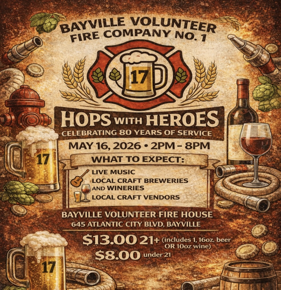Beer in mug, wine and fire house and hydrant for Hops with Heroes Flyer