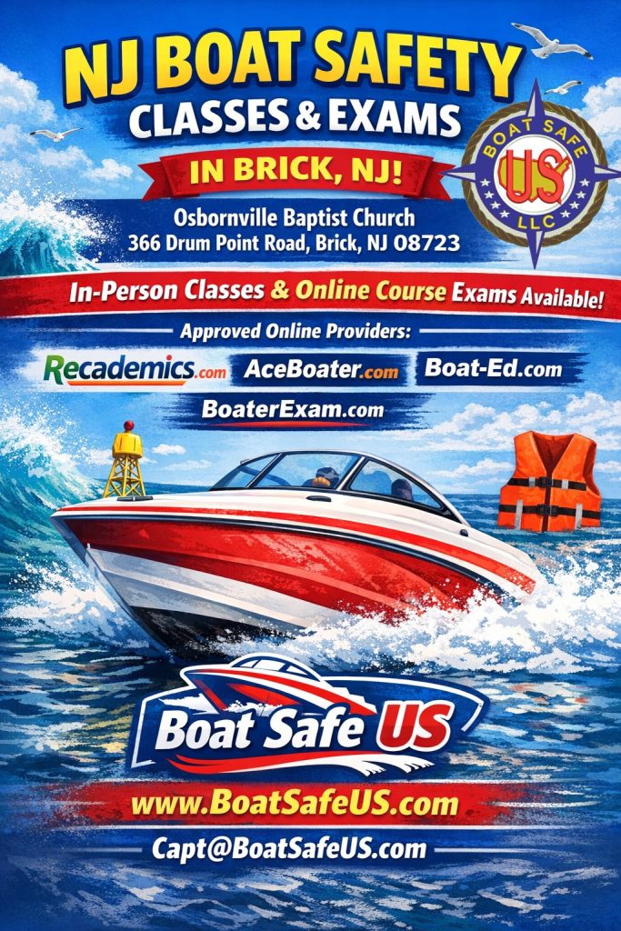 NJ Boat Safety Exam Flyer with Boat in water