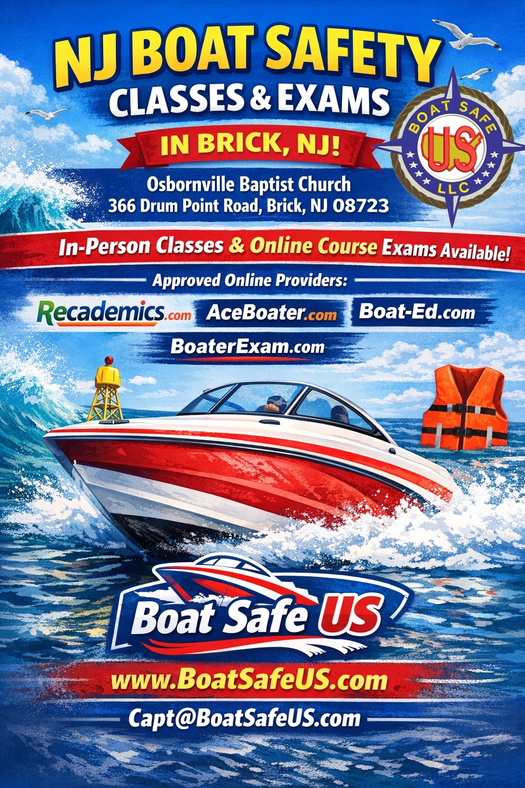 NJ Boat Safety Exam Flyer with Boat in water