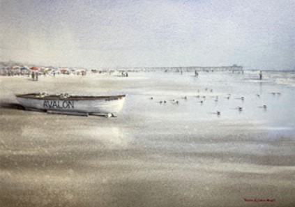 painting of boat on the beach