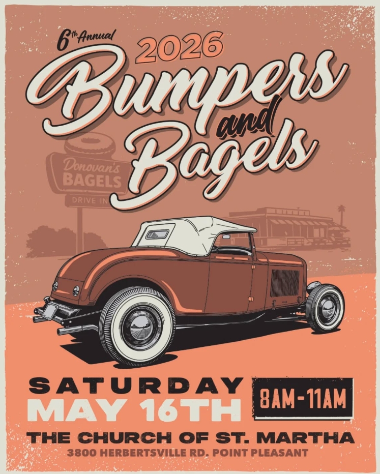 classic car in front of bagel shop