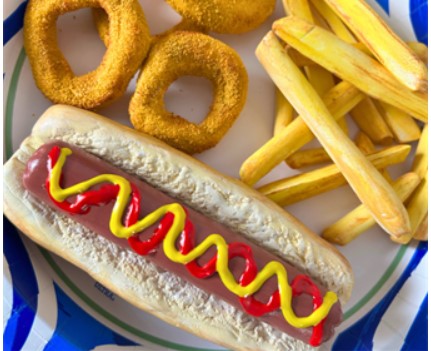 hot dog, fries and onion rings