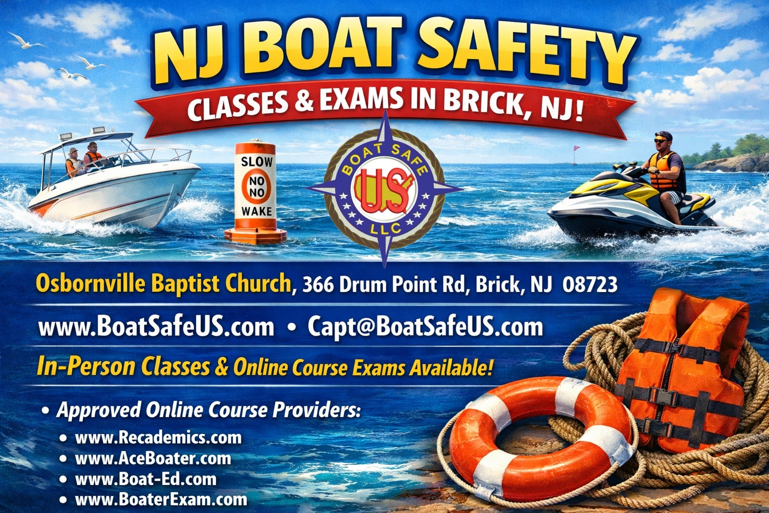 NJ Boat Safety Exam Flyer with boat and person on jet ski