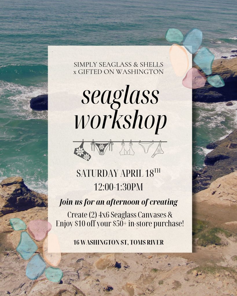 Seaglass workshop flyer with beach in the background