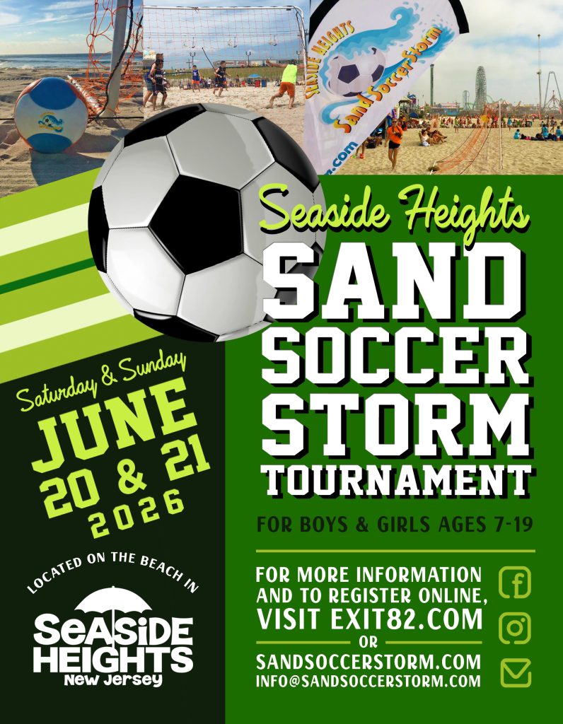 Sand Soccer Storm Tournament Flyer with soccer ball on flyer and people on the beach