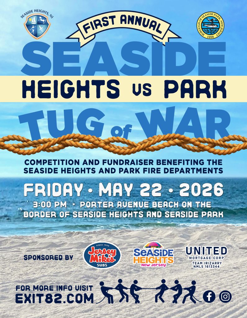 Seaside Heights VS. Seaside Park Tug Of War Flyer with beach and ocean in background