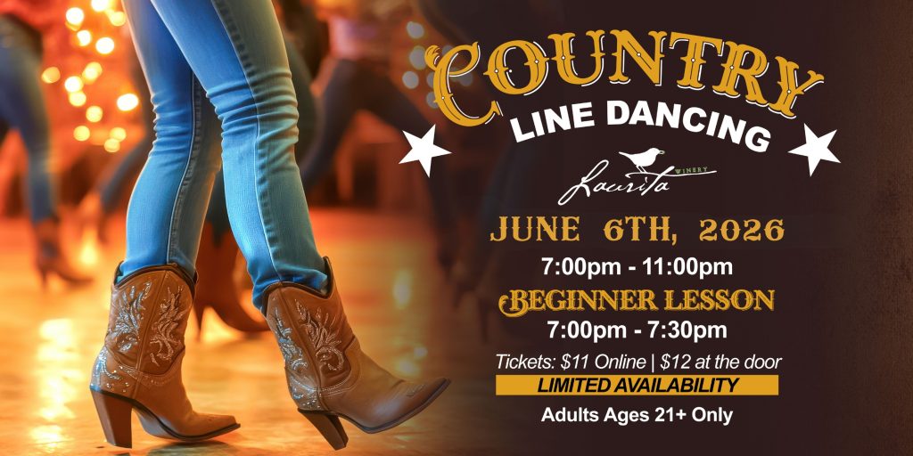 Country line dancing flyer for Laurita winer with person in cowboy boots 