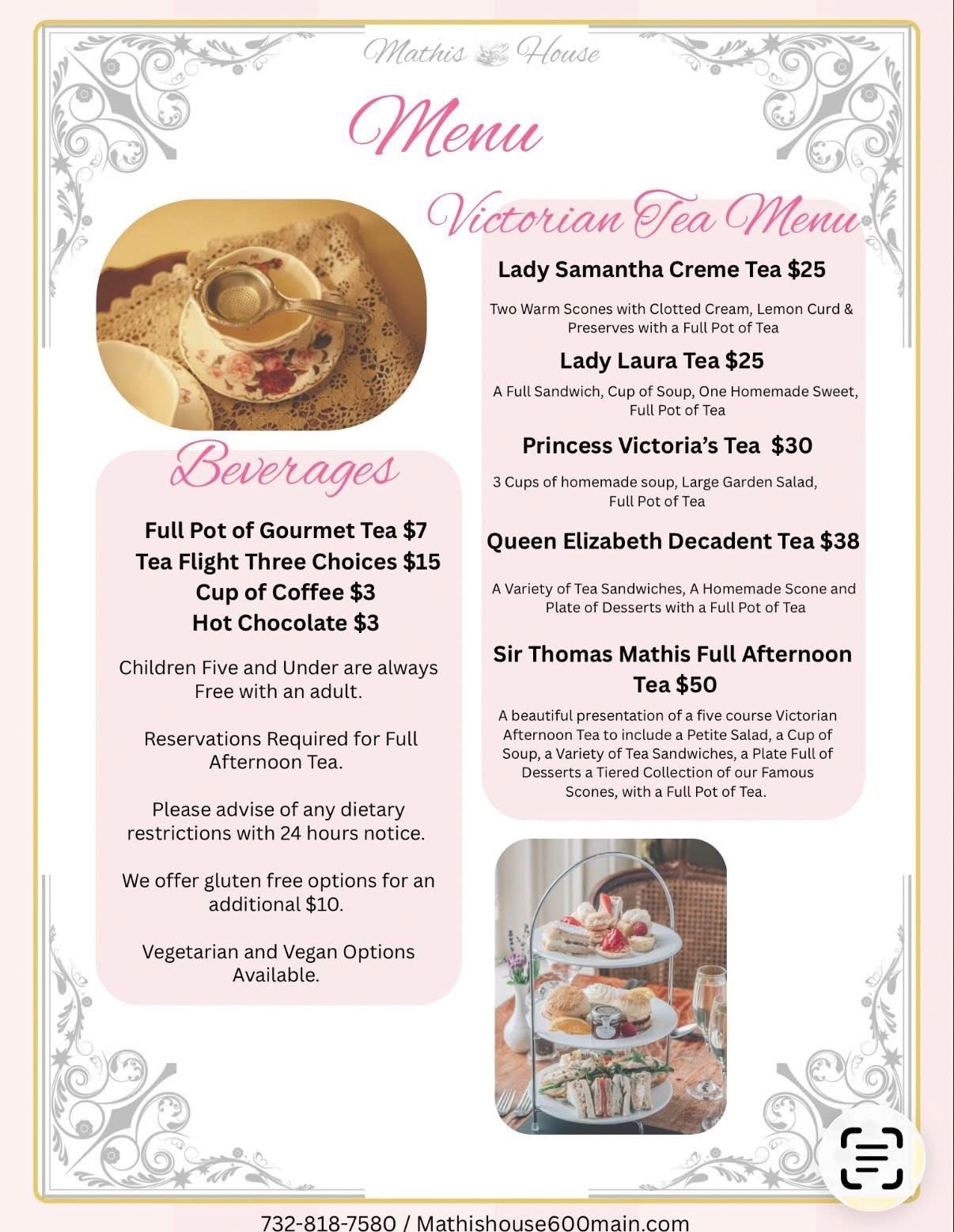 tiered tray with scones and sandwiches and tea in a teacup