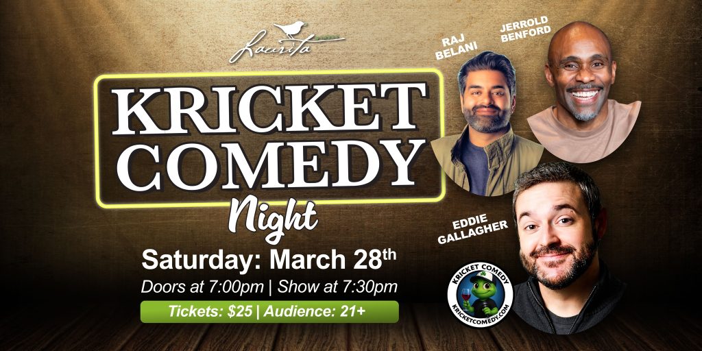 Kricket comedy night flyer for Laurita winery featuring three comedians 