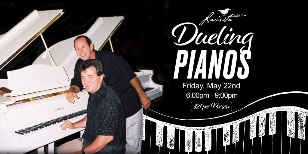 two men leaning on piano for Dueling Pianos Flyer 
