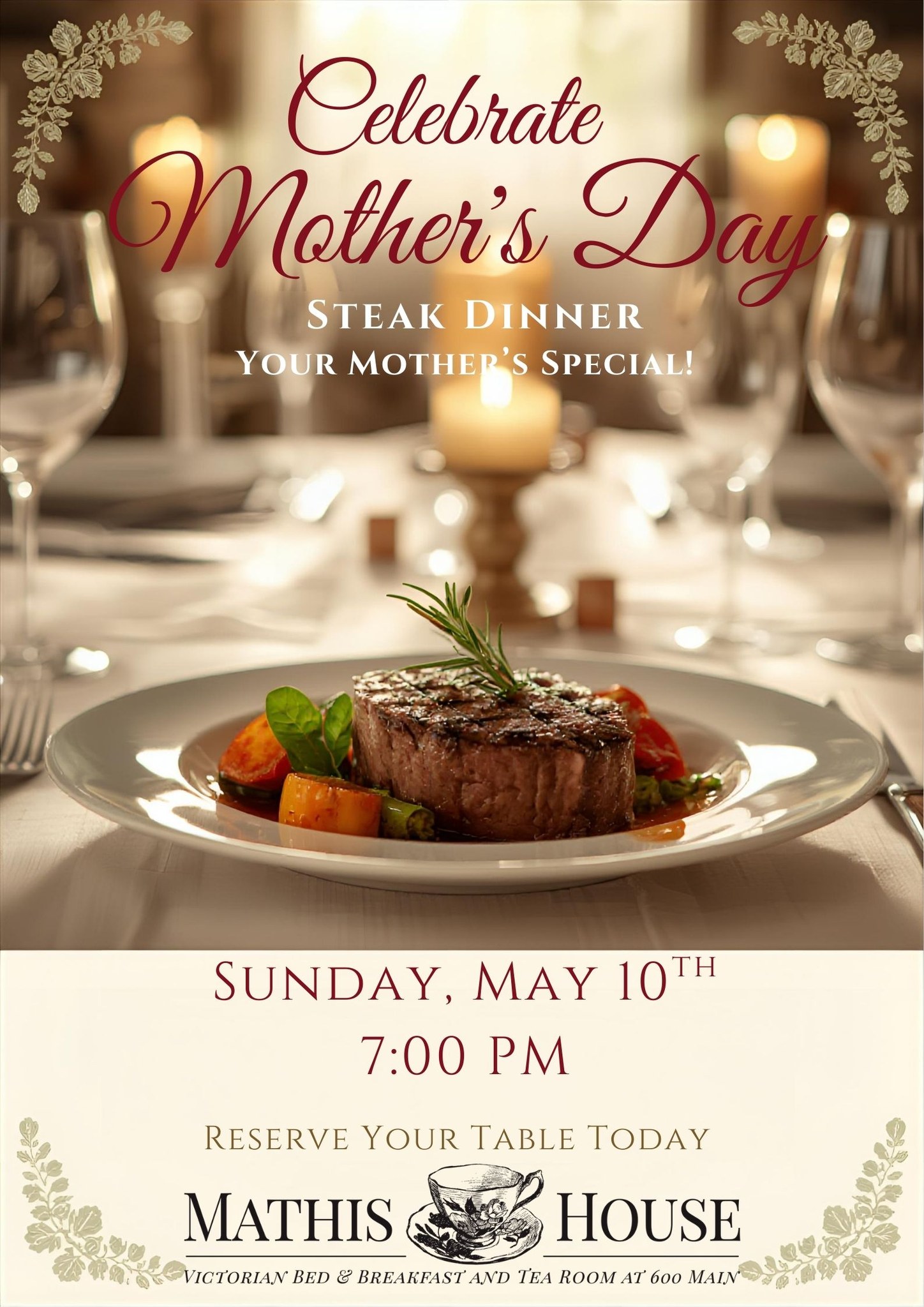 steak dinner on a plate with restaurant scene in the background