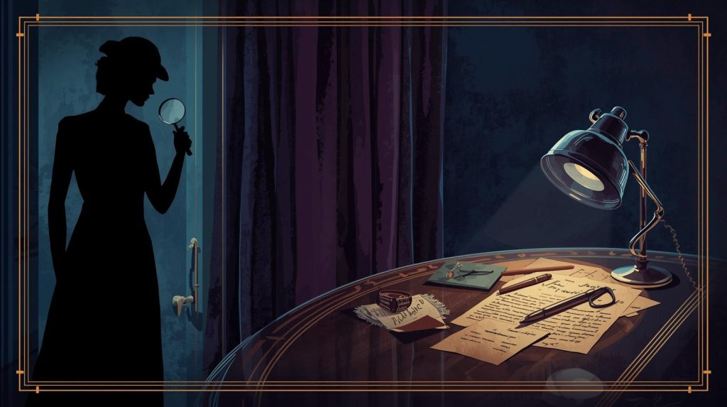 outline of woman holding a magnifying glass in a dark room with a light on the desk shining on papers and pen