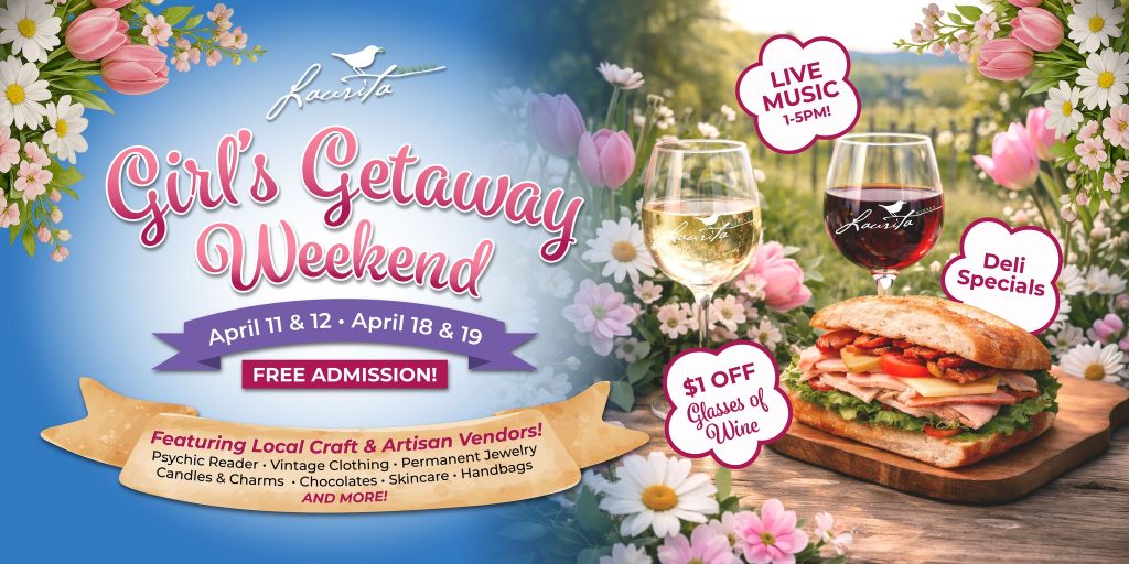 Girls Getaway Weekend flyer for Laurita winery.  Features glasses of wine and a sandwich