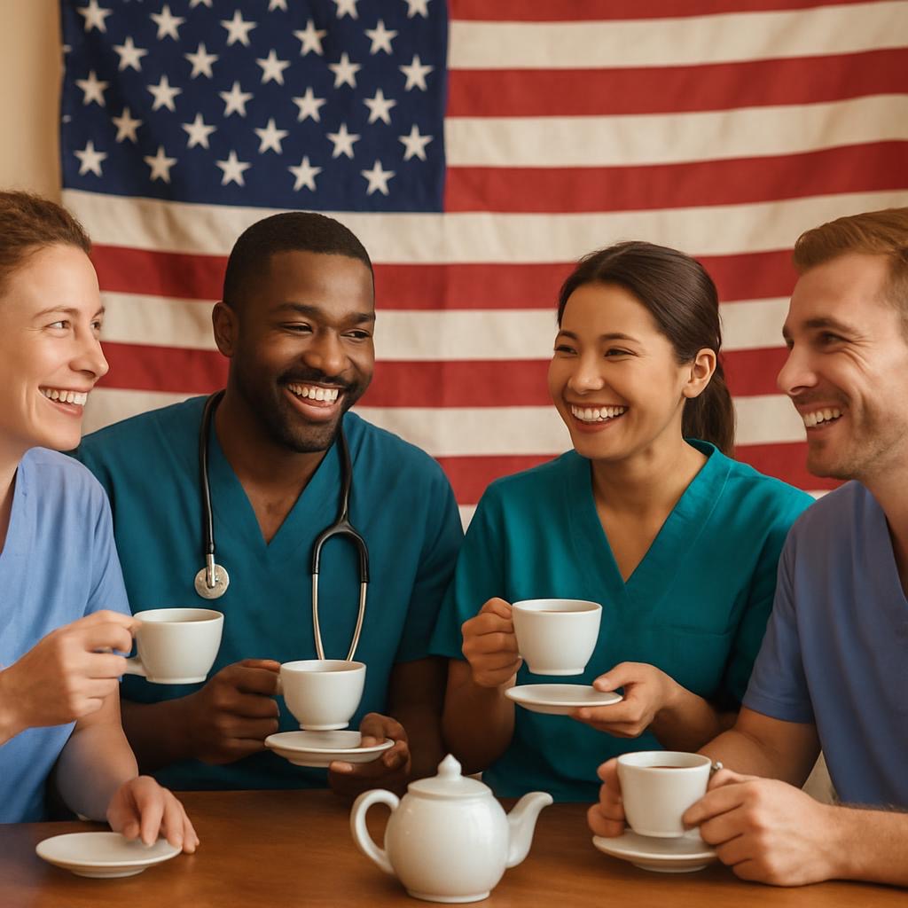 nurses sitting around a table drinking tea with American Flag on the wall