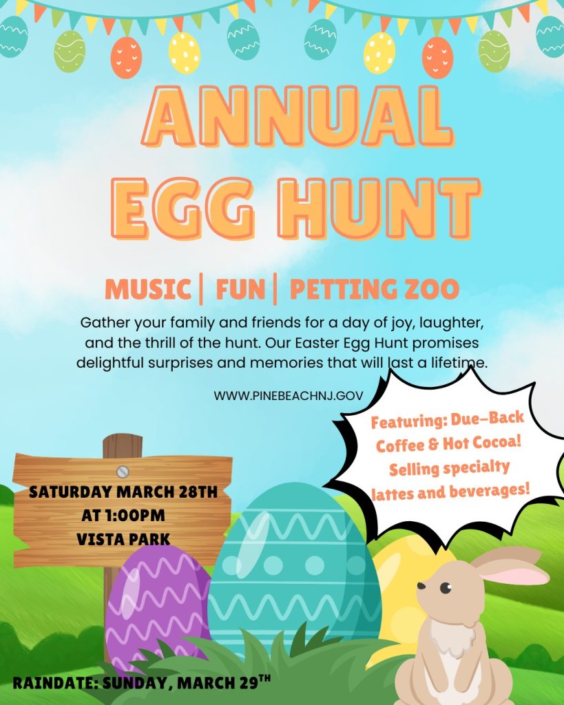 Pine Beach Annual Egg Hunt Flyer with bunny and Easter eggs