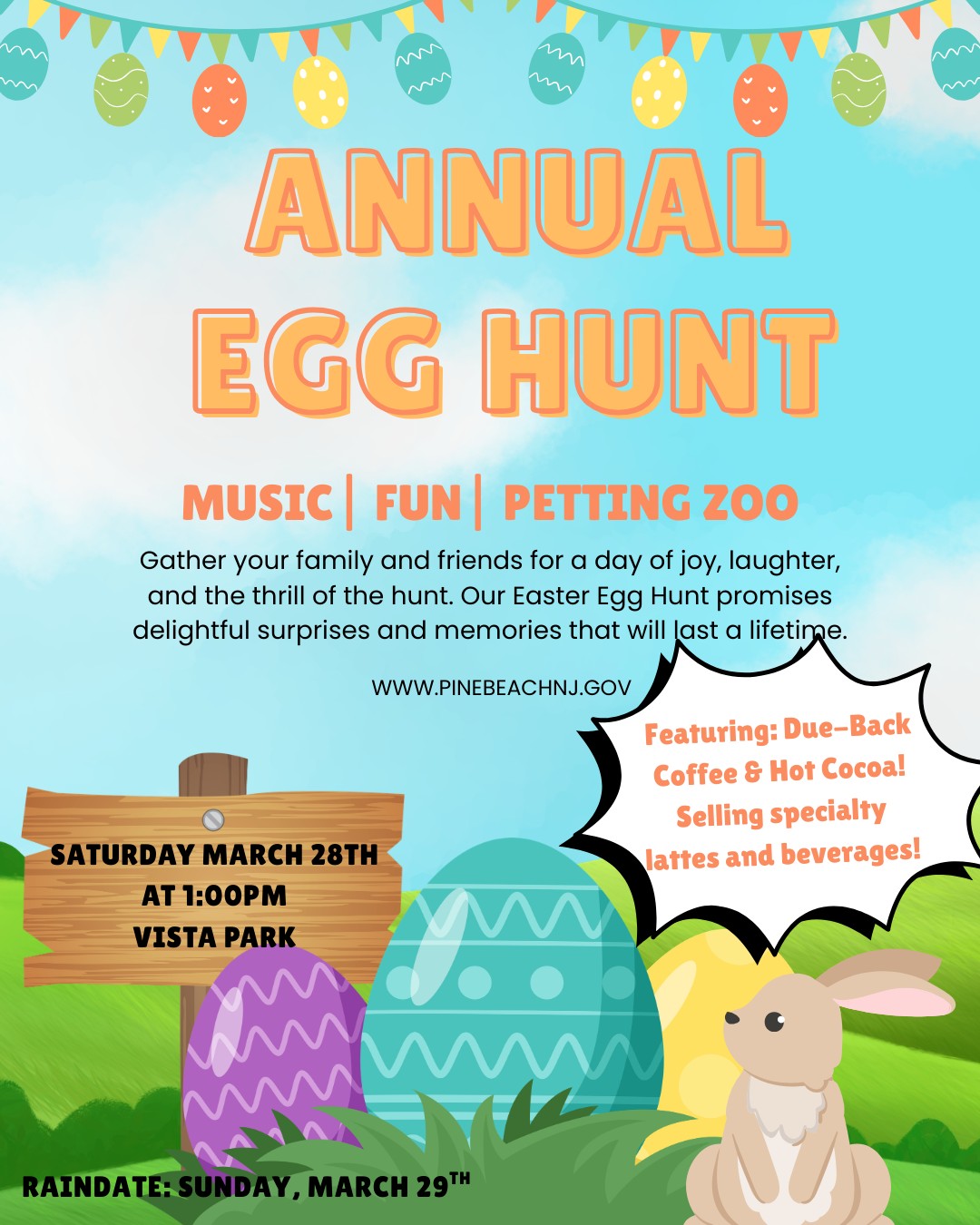 Pine Beach Annual Egg Hunt Flyer with bunny and Easter eggs