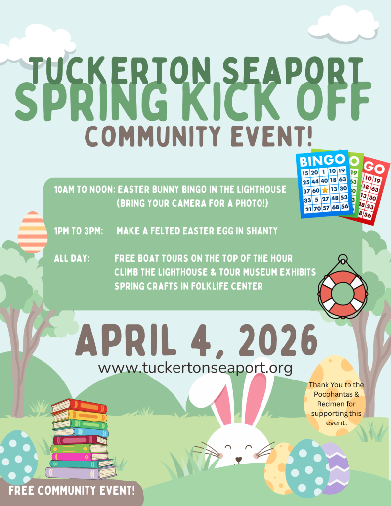Tuckerton Seaport Spring kick off flyer with bunny in grass with Easter eggs