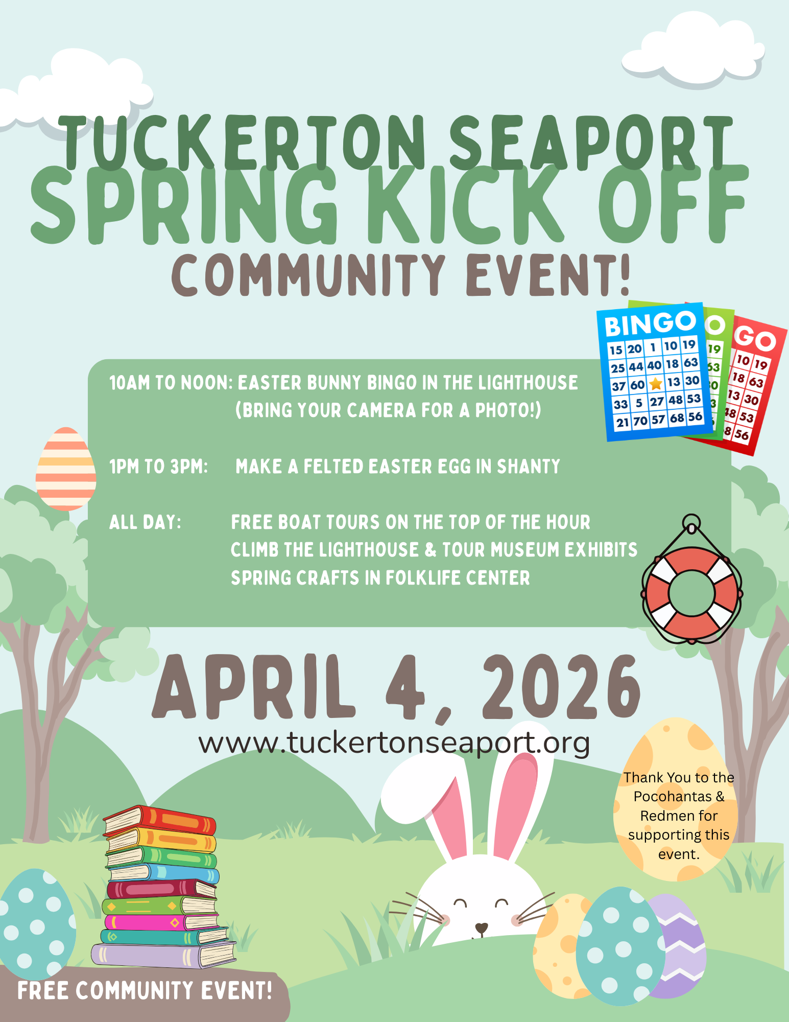 Tuckerton Seaport Spring kick off flyer with bunny in grass with Easter eggs