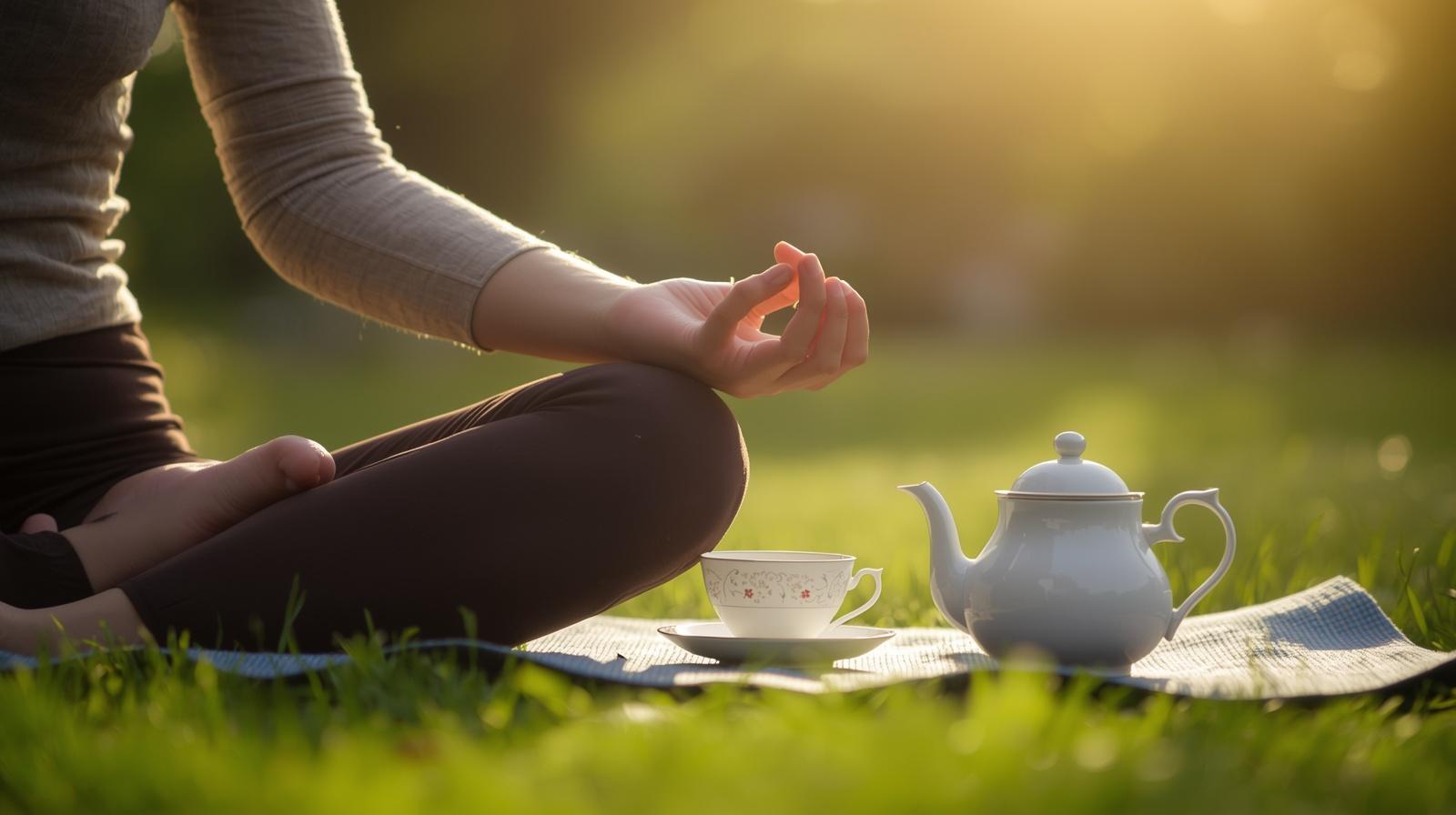 Person doing yoga in the grass with teapot and cup next to them