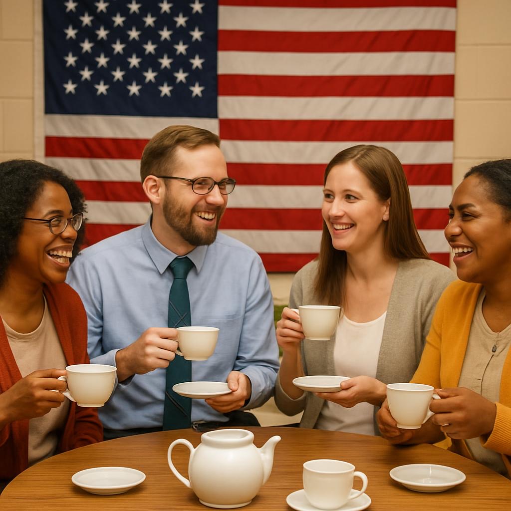 People sitting around table drinking tea with American Flag on the wall