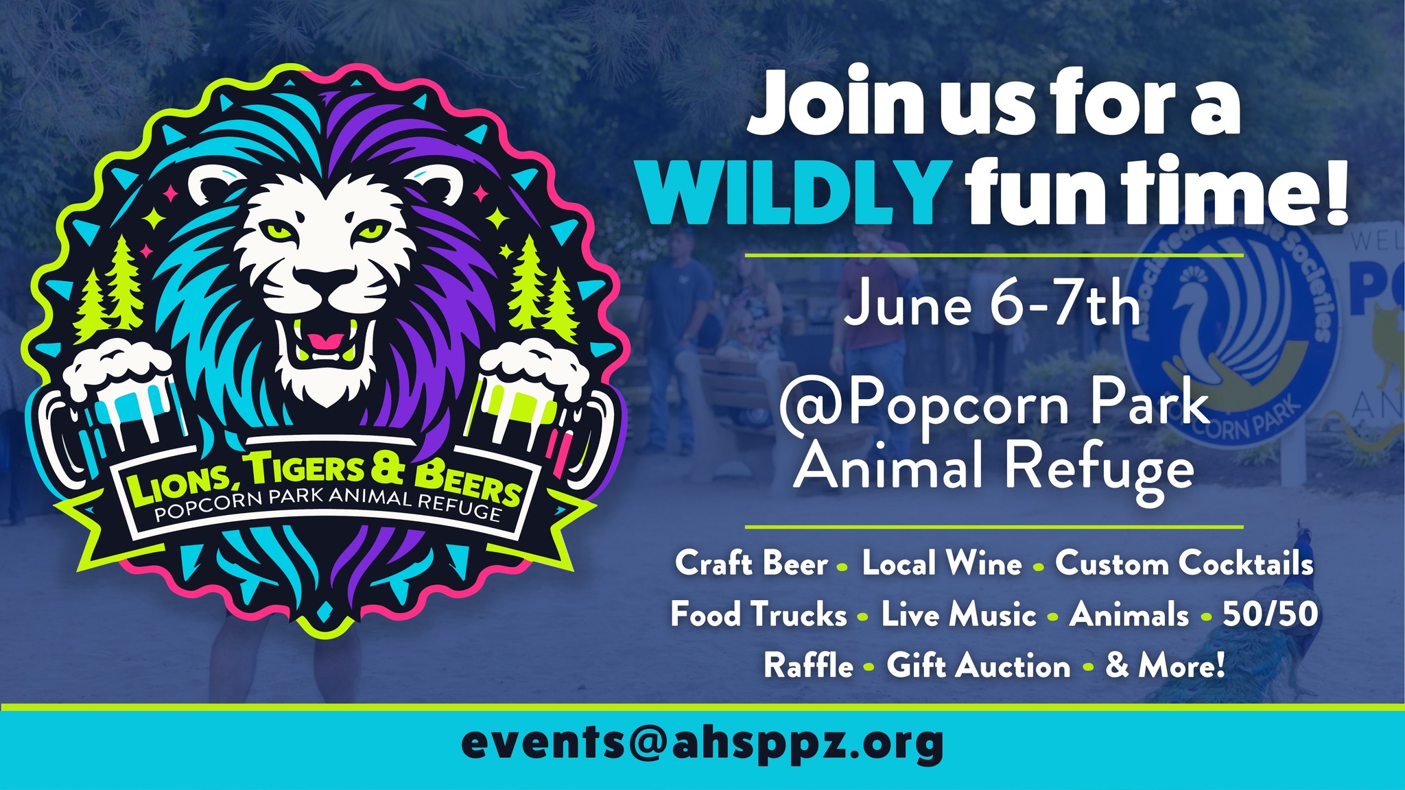 Lions, Tigers and Beers flyer for Popcorn Park Animal Refuge