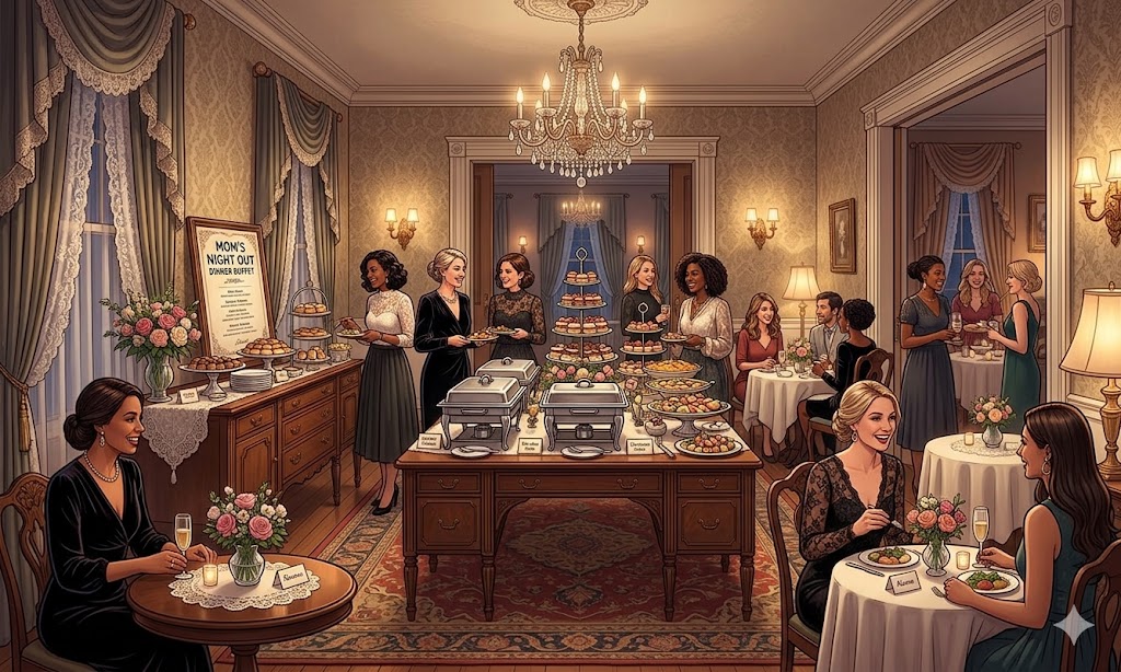 women in Victorian Tea Room eating and having beverages