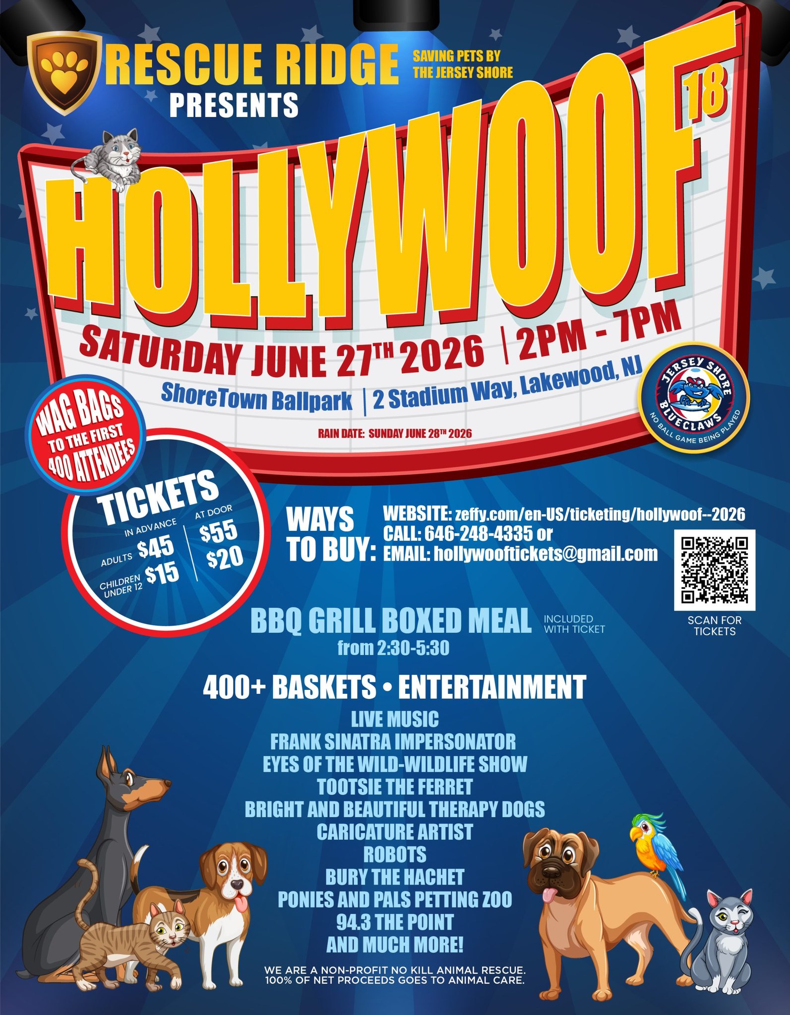 Hollywoof flyer with graphic of dogs, cats and a parrot
