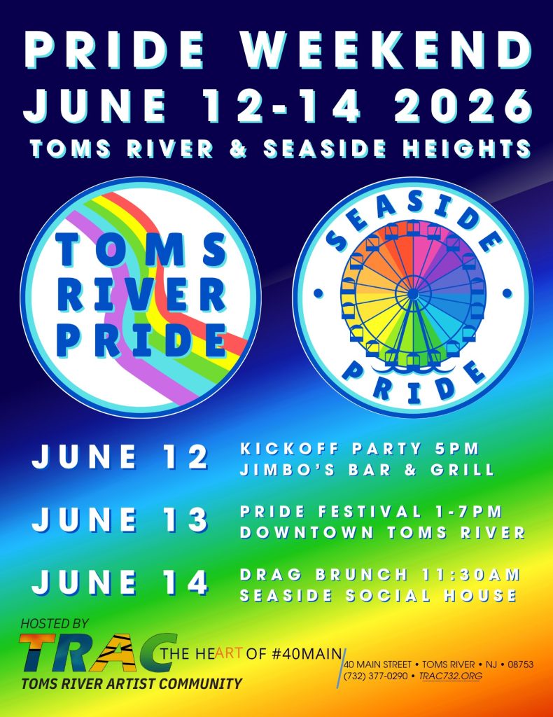 Pride Weekend Flyer for Toms River and Seaside Heights with rainbow background 