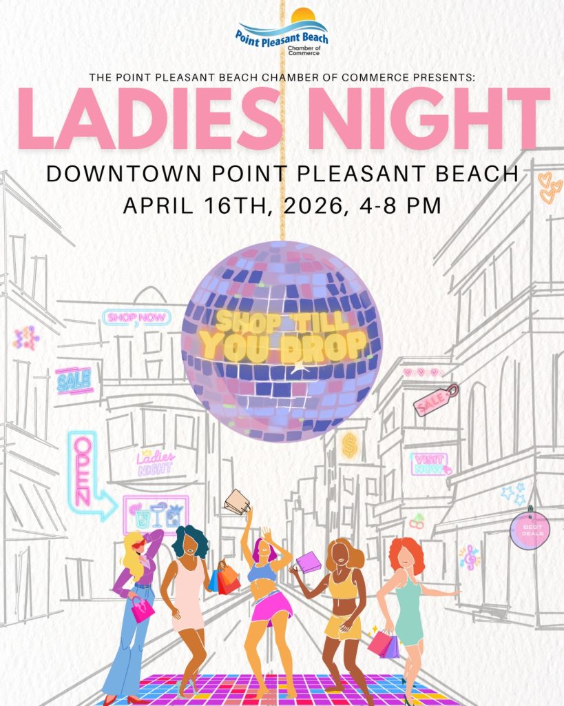 ladies night flyer with people dancing under disco ball with downtown shops behind them
