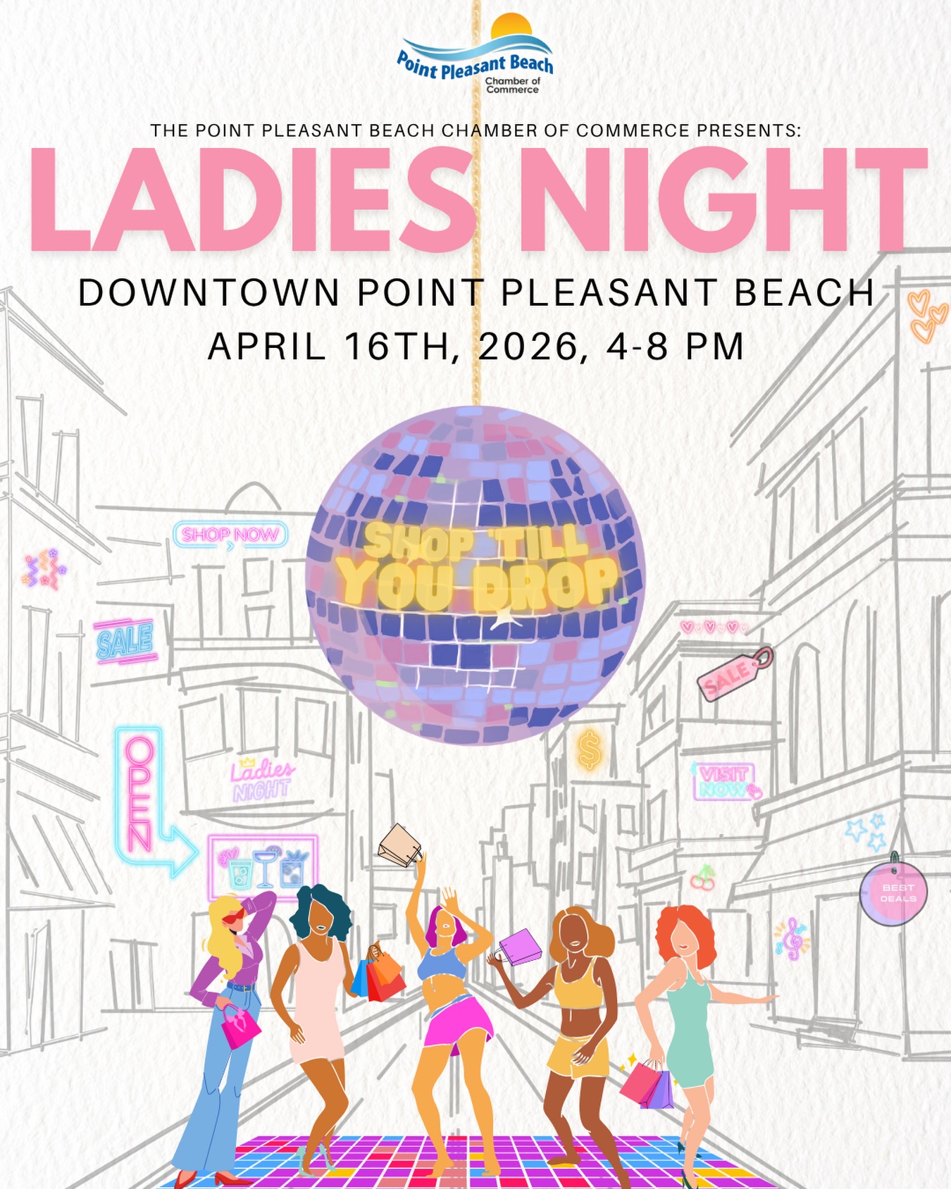 ladies night flyer with people dancing under disco ball with downtown shops behind them