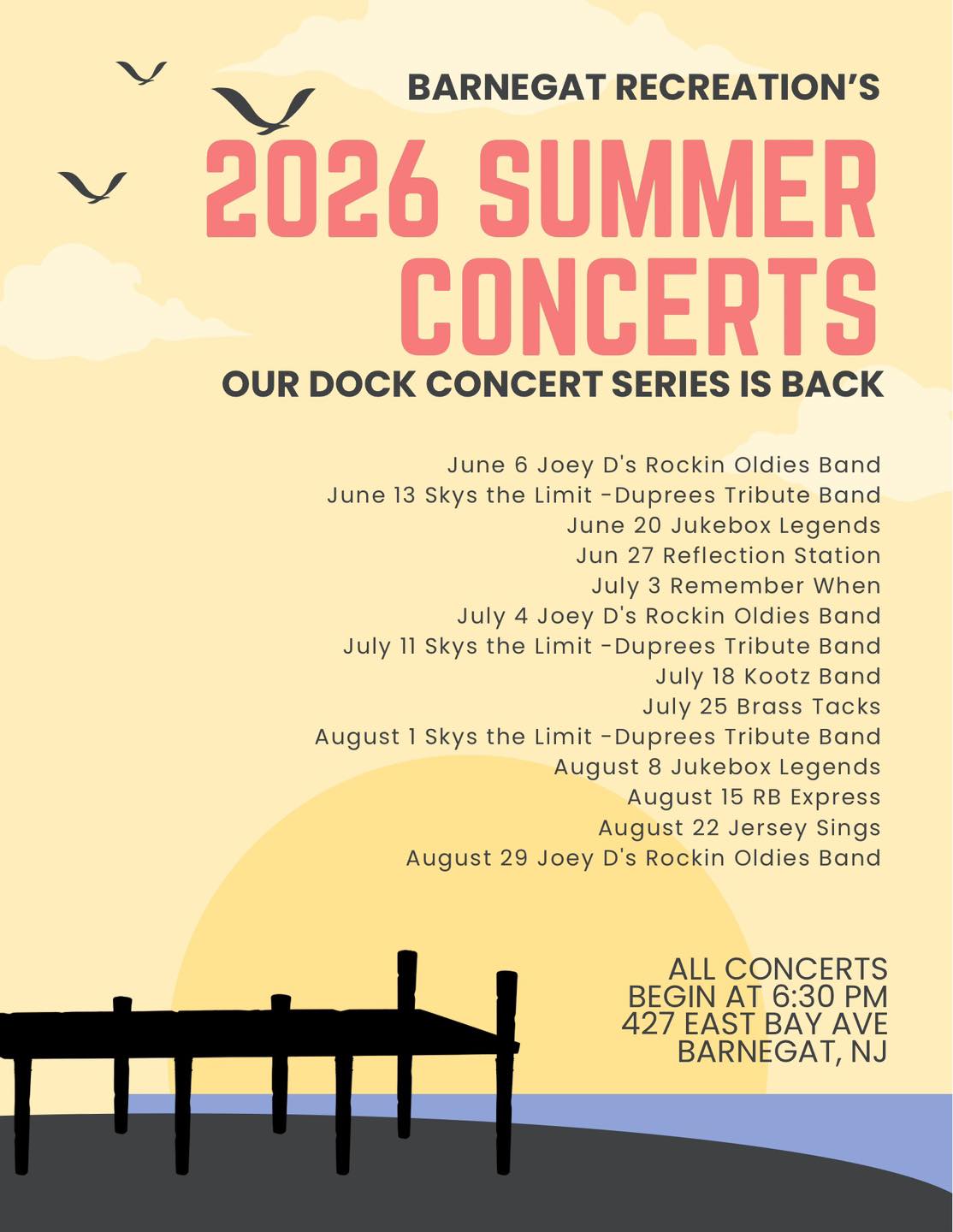 Barnegat Recreation's 2026 Summer concert series flyer with sketch of a dock and water and a sunset over ocean
